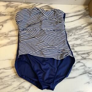 MIRACLESUIT Strapless Bathing Suit Swimsuit Tummy Control Navy Striped One Piece